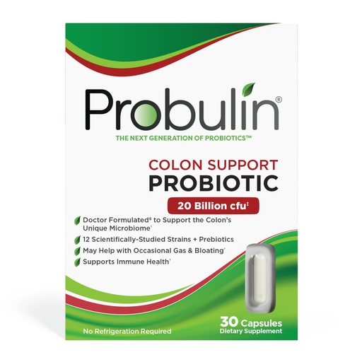 [BRSWIGIYCN5B4DTY] Probulin Colon Support Daily Probiotic + Prebiotic + Support Gut Health, Occasional Gas and Bloating - 20 Billion CFU - 12 Strains, 30 Vegan Capsules
