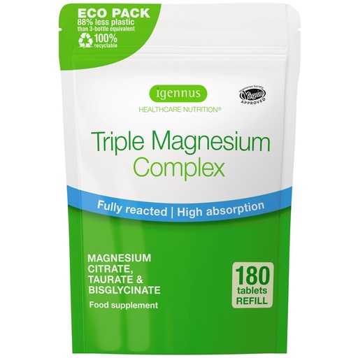 [BRSRMEIFO4BR4HL4] Igennus Superior Triple Magnesium Complex, Fully Reacted & Chelated Glycinate, Taurate & Citrate, Clean Label, High Bioavailability & Absorption, 180 Tablets, Vegan, Non-Buffered