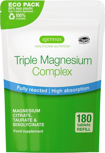 [BRSRMEIFO4BR4HL4] Igennus Superior Triple Magnesium Complex, Plně reated & Chelated Glycinate, Taurate & Citrát, Clean Label, High Biologická dostupnost & Absorpce, 180 Tablety, Vegan, Non- Buffered