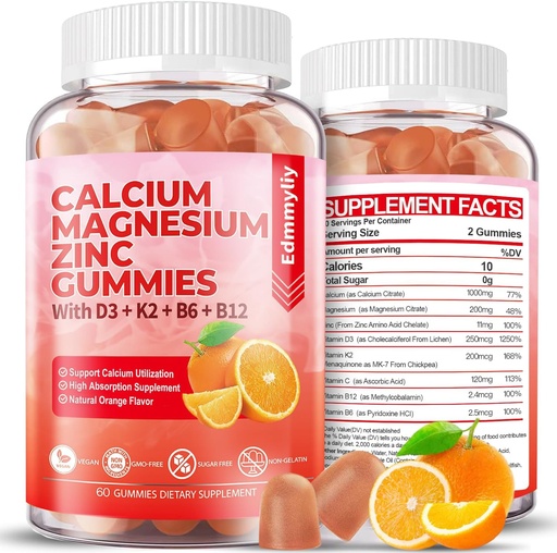 [BRSROCQDBACWAA3V] Sugar Free Calcium Magnesium Zinc Supplement Gummies with Vitamin D3 & B12 for Women and Men High Absorption Calcium Magnesium Supplement for Immune Support (120 Counts)