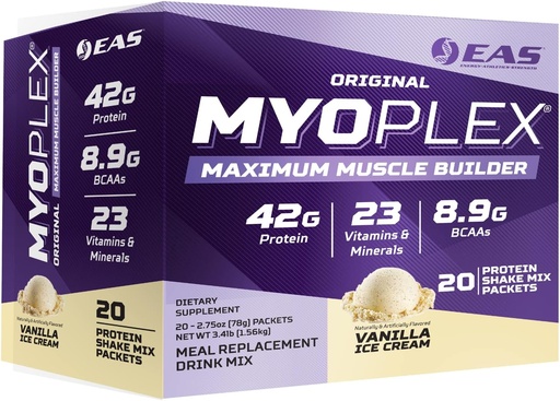 [BRSRMYYLB4FBMYD2] Ciencias experimentais e aplicadas EAS Original Myoplex Maximum Muscle Builder | Meal Replacement Protein Drink Mix | Quality Protein Blend | 42g Protein | 20 Individual Packets (Vanilla Ice Cream)