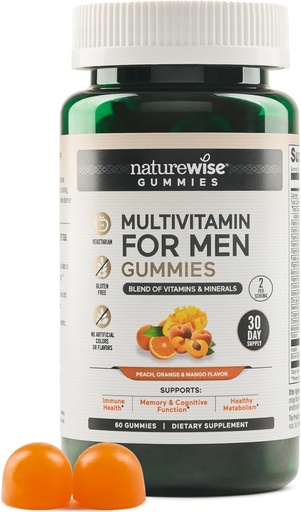 [BRSRAFI6AAMBAHTB] NatureWise Multivitamin for Men, Gummies Peach Mango Flavor, for Immune Health with Minerals & Vitamin A, C, D, E, B6 and B12, Vegetarian, Soy-Free, Non-GMO, 60 Count[1-Month Supply]