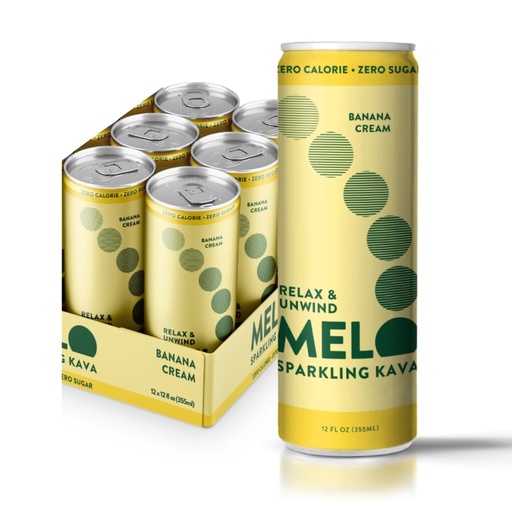 Melo Sparkling Kava Drink, Banana Cream, bez cukru Nealkoholické nápoje s Zero kalórií, Gluten Free, Vegan, 100% Natural Mocktail s 100mg Kava Root per Drink, 6 Balenie, 12 oz plechovky