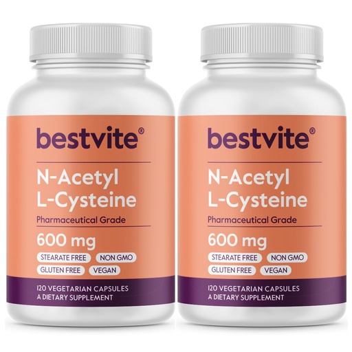 [BRSRMGQPA56WGCI2] BESTVITE N-Acetyl L-Cysteine 600mg (NAC) (120 Vegetarian Capsules) (120 x 2) - No Stearates - Vegan - No Fillers - No Silica - No Gelatin - Gluten Free - Non GMO