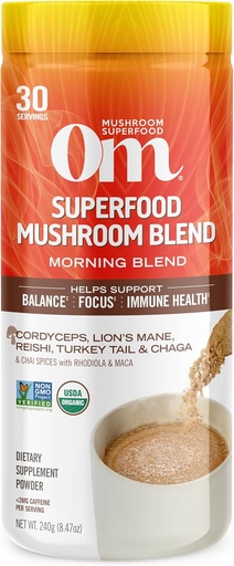 [BRSW2GQPDMFR62TD] Om Mushroom Superfood Morning Energy Blende Mushroom Powder Drink, 8.47 Ounce Canister, Kaffefri energi Drikke med Cordyceps, Vitamin D2, Agaricus Bisporus, Lions Mane, Rhodiola, og Tyrkia Tail