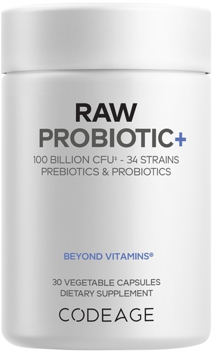 [BRSRAYD6OQBAMA3X] Codeage Raw Probiotic+ – 100 Billion CFU Probiotic Supplement with 34 Strains, Prebiotics & Digestive Enzymes, Wild Kefir Culture, Non-GMO – 30 Capsules