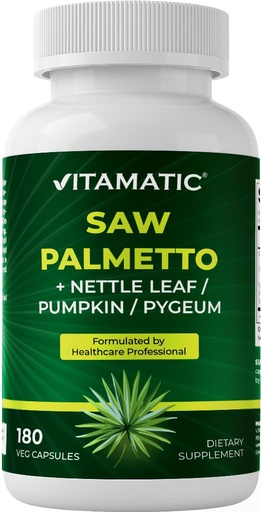 [BRSRAYAYAEBAIHTF] Vitamatic Saw Palmetto Extract for Men & Women 180 Veg Capsules - Made with Pumpkin Seed, Pygeum, Nettle Leaf - Made in the USA - Promotes Healthy Prostate Function
