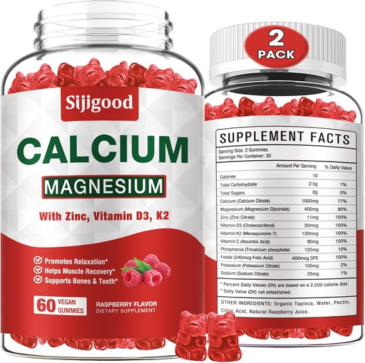 [BRSRAED6PMGREDT6] 2 Pack Calcium Magnesium Zinc Gummies with Vitamin C D3 K2, Calcium Gummies for Bone, Muscle, Calm & Zzz Support, High Absorption Formula with Magnesium Zinc Potassium, Raspberry Flavored 120 Cts