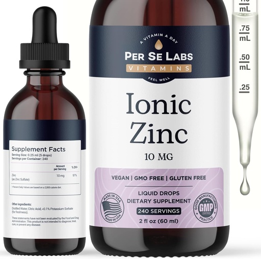 [BRSRMZIZCJ5GEDTB] Per Se Labs Ionic Zinc Liquid - 10 mg High Absorption 240 Servings Liquid Zinc Drops for Adults - Immune Support Skin Care Zinc Supplements - Vegan Zinc Sulfate Antioxidant Dietary Supplement - 2 Oz