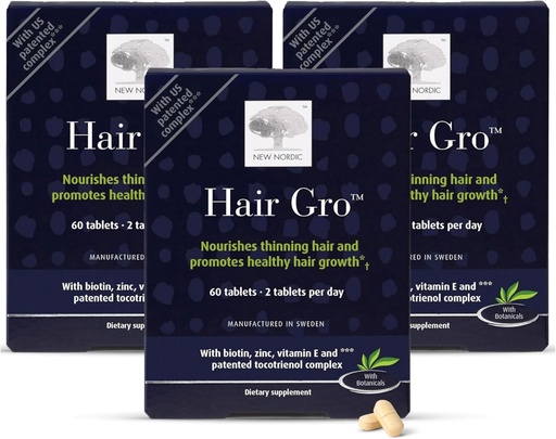 [BRSWYBIQC4OW2YLA] NEW NORDIC Hair GRO, Hair Growth Supplement, Biotin & Palm Fruit Extract Tocotrienols for Natural Regrowth, 60 Count (Pack of 3)
