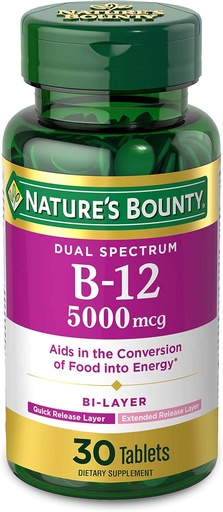 [BRSWIGQYCRYAE2LM] Vitamin B12 by Nature's Bounty, Dual Layer Dietary Supplement, Quick Release and Extended Release, Supports Energy Metabolism and Nervous System Health, 5000mcg, 30 Tablets