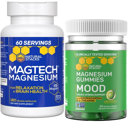 [BRSROBAECQDQOG3Z] Natural Stacks Magtech Magnesium + Mood Magnesium Gummies Bundle - 4 Forms of Magnesium - Relaxation, Brain Health & Stress Support* - 210 Total Pieces