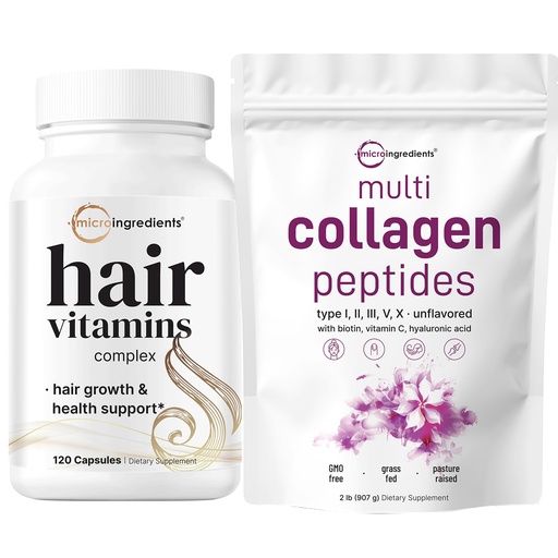 [BRSRAGL6CQPQOYLX] Micro Ingredients Multi Collagen Protein Powder 2 Pounds & Hair Vitamins Complex Capsules Bundle Pack | Grass-Fed Collagen Peptides | 14-in-1 Advanced Hair Growth Support