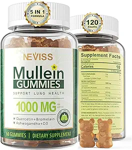 [BRSRMHABCIAWMYDG] NEVISS Mullein Gummies for Lungs, Organic Mullein Leaf Extract 1000mg for Respiratory System with Quercetin & Bromelain, D3 for Digestive Support, Immune Booster, Sugar Free, Vegan, 120 Count