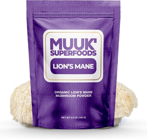 [BRSRAFAEBANQED3G] MUUK' SUPERFOODS | Pure Organic Lion's Mane Mushroom Powder | Brain-Boosting, USA-Made | 3.5 oz (100g), 60 Servings
