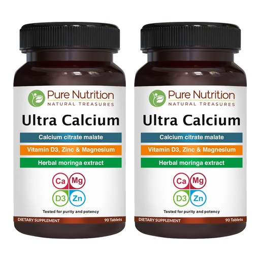 [BRSRAGQKCEFBUYDV] Pure Nutrition Ultra Calcium 1000mg with VIT D3 + K | 180 Tabs (90 X Pack of 2) | Calcium Supplement with Calcium Citrate Malate, VIT D3, K, Moringa Oleifera, Magnesium and Zinc.