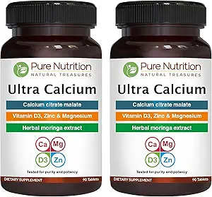 [BRSRAGQKCEFBUYDV] Pure Nutrition Ultra Calcium 1000mg with VIT D3 + K2 | 180 Tabs (90 X Pack of 2) | Highly absorbable Calcium Supplement with Calcium Citrate Malate, VIT D3, K2, Moringa Oleifera, Magnesium and Zinc.