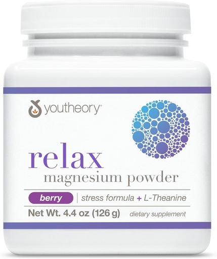 [BRSWGBA3CV7QY3Q7] Youtheory Relax Magnesium Powder - Vegan Stress Relief Supplement with L-Theanine & GABA* - Supports Relaxation* - Dairy, Soy & Gluten Free - Berry, 4.4 oz