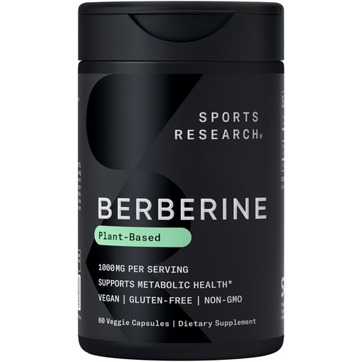 [BRSROEICOB4GAHQ7] Sports Research Berberine - Herbal Ayurvedic Metabolic Health Support - 1000 mg - 60 Capsules - Vegan Certified, Gluten-Free, Non-GMO