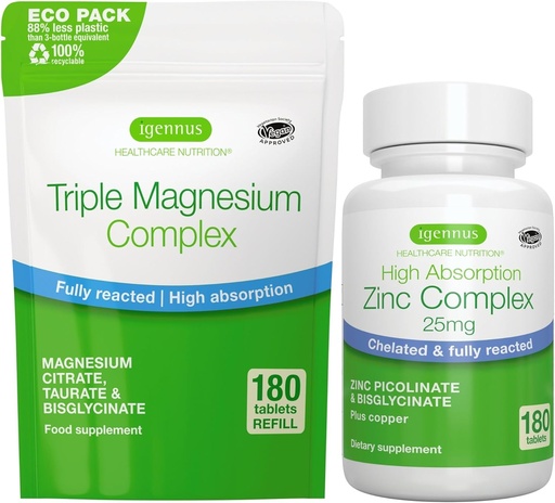 [BRSRMGQNBAMGA3DA] Comprimés Triple Magnésium Comprimés + Complexe zinc, Magnésium chélaté à haute absorption + 25mg Picolinate de zinc chélaté et bisglycinate avec cuivre, par Igennus