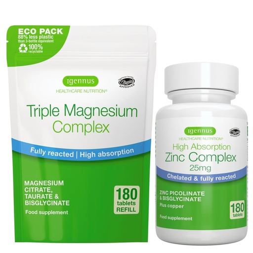 [BRSRMGQNBAMGA3DA] Triple Magnesium Complex 180 Tablets + Zinc Complex Vegan Bundle, High Absorption Chelated Magnesium + 25mg Chelated Zinc Picolinate & Bisglycinate with Copper, by Igennus