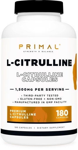 [BRSROGAFBZ6B43YZ] Primal L-Citrulline Capsules (180 Capsules / 1,500 mg Per Serving) | Premium L-Citrulline Supplement