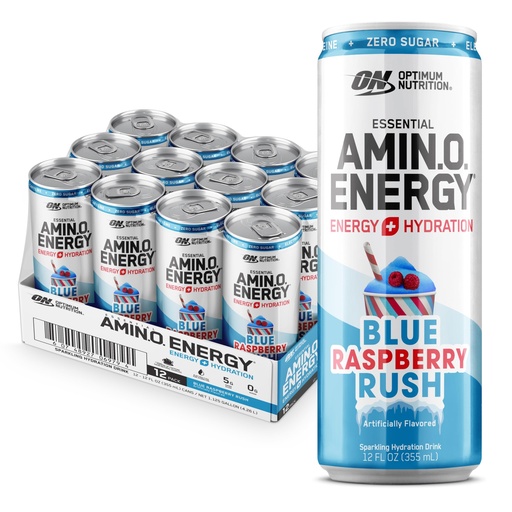 [BRSRAA3QA57AOCLJ] Optimum Nutrition Amino Energy Sparkling Hydration Drink, Electrolytes, Caffeine, Amino Acids, BCAAs, Sugar Free, NEW Blue Raspberry Rush, 12 Fl Oz, 12 Pack (Packaging May Vary)