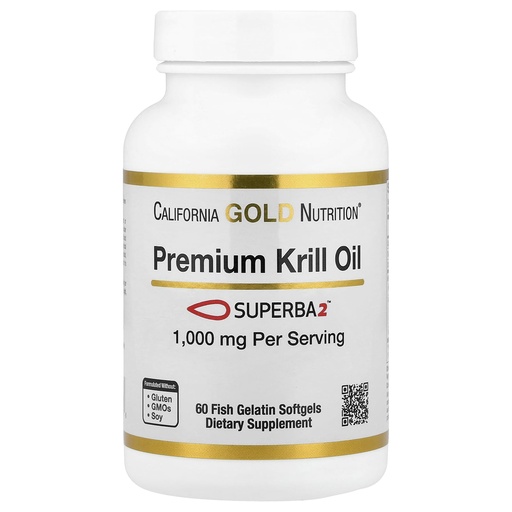 [BRSWYAT5OIFB4YLO] California Gold Nutrition Premium Krill Oil with Superba2 Bioavailable Omega-3s from Antarctic Krill - Heart & Brain Health Support - Gluten Free, Non-GMO - 1000 mg - 60 Fish Gelatin Softgels