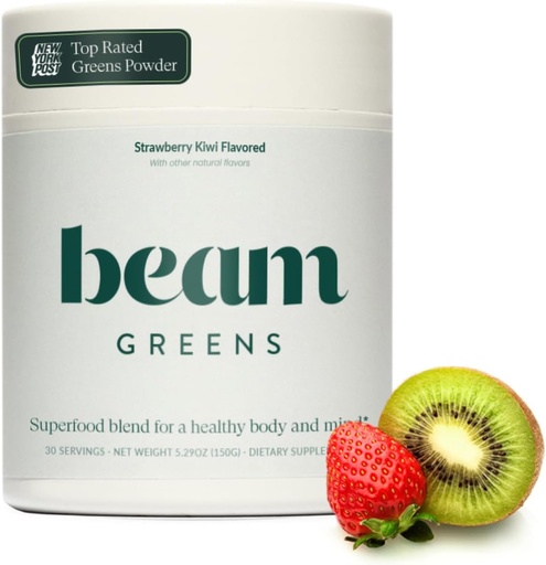 [BRSRAEIECEOW2H3Z] Beam Greens Powder, Superfood Supplement for Gut Health, Vegan Organic Blend with Ashwagandha, Vitamin C, B12, B6, D, Non-GMO Daily Detox & Immune Support, Strawberry Kiwi Flavor - 30 Servings