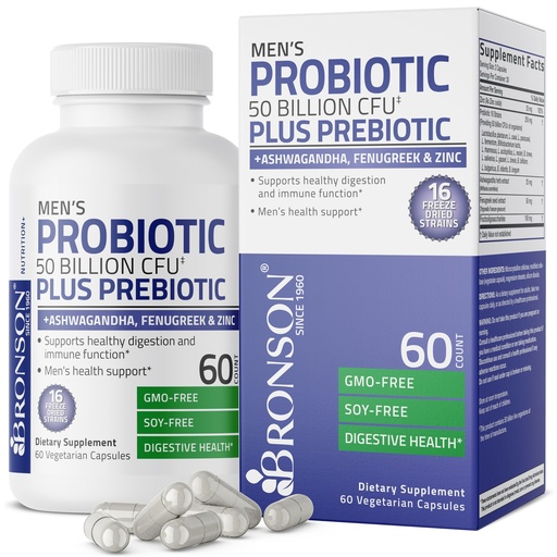 [BRSROFQKCIMQIHTH] Bronson Men's Probiotic 50 Billion CFU Plus Prebiotic with Ashwagandha, Fenugreek & Zinc, Supports Healthy Digestion & Immune Function Non-GMO, 60 Vegetarian Capsules