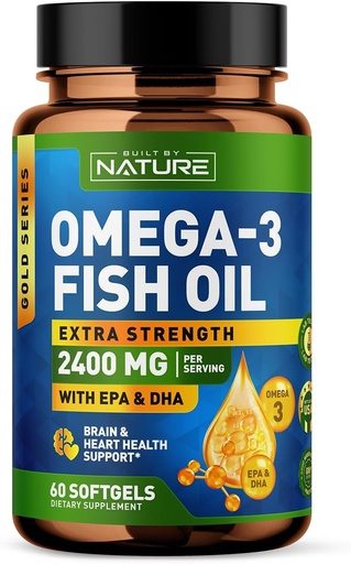 [BRSRAFQPBN6RMC3U] Built by Nature Omega 3 Fish Oil Soft Gels - 2400 mg Fish Oil, 1440 mg Omega 3, 864 mg EPA, 576 mg DHA - Extra Strength Brain & Heart Health Support Supplement - 60 Softgels