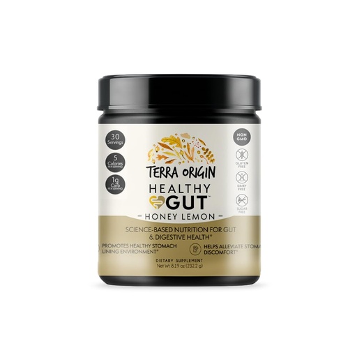 [BRSWYEITDEBGADYY] TERRA ORIGIN Healthy Gut Powder (Honey Lemon) | 30-Servings with L-Glutamine, Zinc, Glucosamine, Slippery Elm Bark and More!