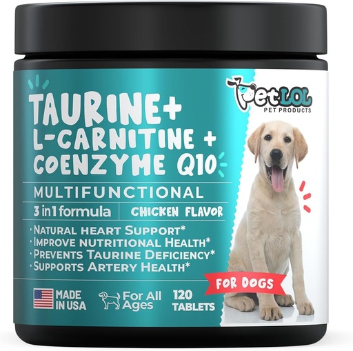 [BRSRMYAYOV7AEYAV] Taurine Supplement for Dogs with L-Carnitine and Coenzyme Q10 (CoQ10): Vet Endorsed for Enlarged Heart (DCM), Congestive Heart Failure, Taurine Deficiency: 3-in-1 | Dog Supplements- 120ct