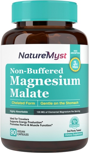 [BRSRMGQ6OAHBACDG] Magnesium Malate, Chelated Form, Highly Absorbable, Non-Buffered, Gentle on Stomach, for Adults & Children, Flexible Dose, Energy Production, Nerve & Muscle Function, 90 Vegan Capsules