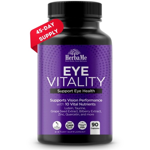 [BRSW2BT6PICWEA3D] HerbaMe Eye Vitamins Supplement with Lutein, Bilberry, Beta Carotene, L-Taurine, Zinc and Quercetin, 90 Capsules, Supports Vision, Ocular and Macular Health, Helps Eyes Filter Blue Light