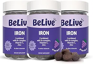 [BRSW2GD4OYBA4YDJ] BeLive Iron Gummies - Multivitamin Iron Supplement with Vitamin C, A, B & Zinc, Supports Blood Oxygen, Vegan Supplements for Women, Men & Kids for Growth and Development - Grape Flavor | 3-Pack