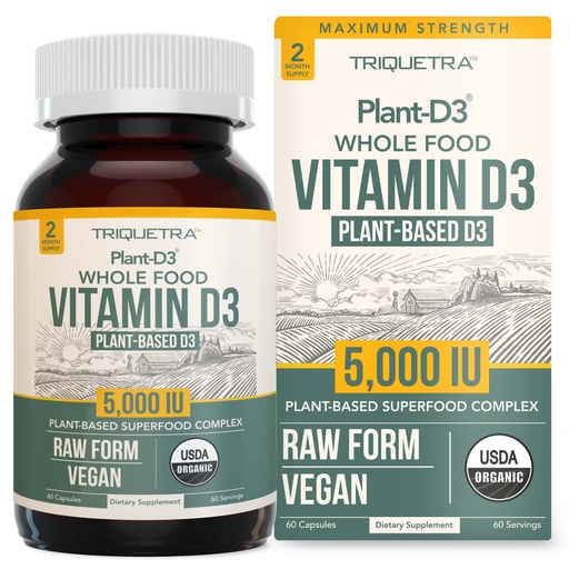 [BRSRMFI5PJYGMEI2] Organic Vitamin D3 5,000 IU - 100% Whole Food & Plant-Based Cholecalciferol Form, 100% Vegan Vitamin D - Enhanced with Prebiotic & Superfood Complex – Organic, Vegan, GMO & Gluten Free (60 Capsules)