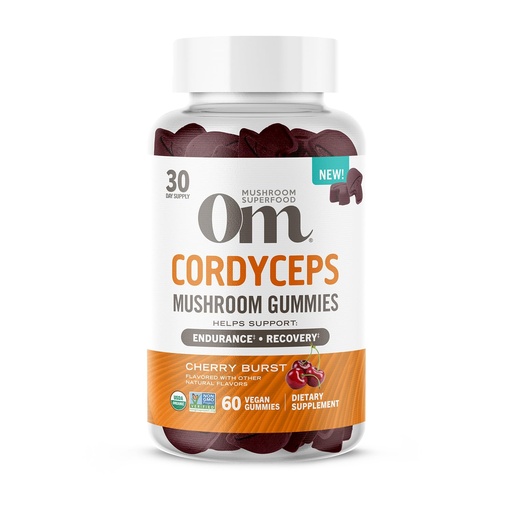 [BRSRAED3AF6RECTH] OM MUSHROOM SUPERFOOD Cordyceps Gummies – USA Grown Organic Mushrooms – Supports Endurance, Energy & Recovery – Cherry Burst Flavour – 30 Servings, 60 Count.