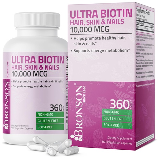 [BRSWGHQKBUHB4H3A] Bronson Ultra Biotin 10,000 Mcg Hair Skin and Nails Supplement, Non-GMO, 360 Vegetarian Capsule