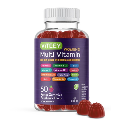 [BRSRMZAEOJ7B62AY] Viteey Womens Multivitamin Gummies - Immune Support - 12 in 1 Essential Vitamins & Minerals - Vitamin A, C, D3, E, B6, B12, Folic Acid, Biotin, Calcium, Zinc & More - Vegetarian - Raspberry Flavored