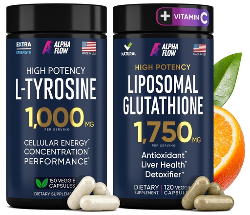 [BRSRAH3QAEHAAETV] Alpha Flow (Bundle) L Tyrosine 1000mg & Liposomal Glutathione 1750mg - All-Natural Focus, Energy, and Liver Support - Non-GMO, Gluten-Free, Vegan - 270 Capsules Total