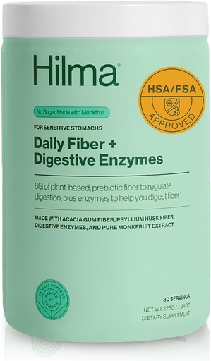 [BRSROCYEA4JWKYDZ] Hilma Daily Fiber and Digestive Enzymes, Fiber Supplement Powder with Prebiotics and Enzymes Formulated with Psyllium Husk and Acacia, Gluten Free, Vegan, FSA Eligible, Digestive Support, 30 Servings