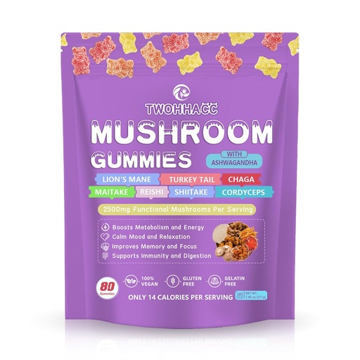[BRSRAAADCIBGA2DB] Mushroom Supplement Gummies with Ashwagandha and Lions Mane, Maitake, Turkey Tail, Reishi, Chaga, Shiitake, Cordyceps Nootropic Brain Supplement for Focus, Memory, Immune, Support and Stress Relief