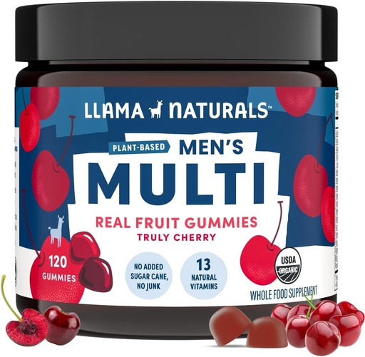 [BRSRA23QAUMQ4AI4] Llama Naturals Multivitamin for Men, Vegan, Organic Gummies with Vitamin D, C and K, Men's Real Fruit Gummy Vitamins, Chewable Multivitamin Supplement, No Added Sugar Cane, Cherry, 120 Ct