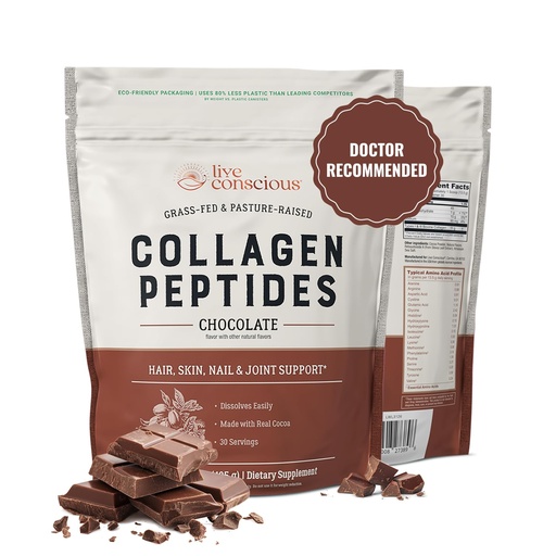 [BRSROGLQAQHGMD3D] Live Conscious Collagen Peptides Powder - Chocolate Collagen Powder - Hair, Skin, Nail, and Joint Support - Type I & III Grass-Fed Collagen Supplements for Women and Men - 30 Servings - 15oz