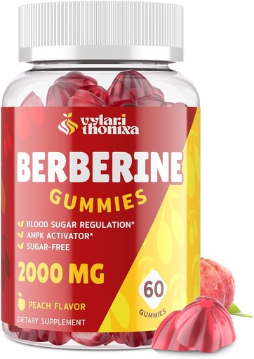 [BRSRAAILAEFR6CL7] 2000mg Berberineの補足のグミ - セイロンシナモンキャンディ、ターメリック、マグネシウム、クロム - 砂糖無料、ビーガン、非GMO、グルテンフリー - ピーチフレーバー60グミ - 1パック