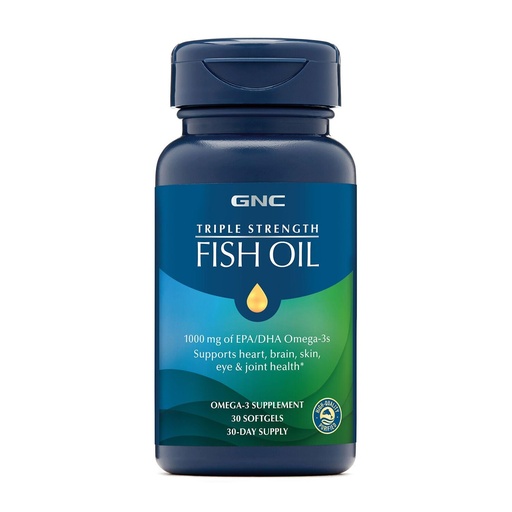 [BRSWEBAQBN7RS2A6] GNC Triple Strength Fish Oil Omega 3 Supplement, 1000mg EPA and DHA, Supports Heart, Brain, Skin, Eye and Joint Health, 30 Softgels