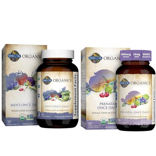 [BRSROAINOQMRAG3G] Garden of Life Organics Prenatal Vitamin: Folate for Energy & Healthy Fetal Development & Organics Multivitamin for Men - Men's Once Daily Whole Food Vitamin Supplement Tablets, Vegan, 30 Count