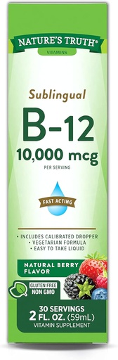 [BRSWICYLBQORY3L4] Nature's Truth Sublingual Vitamina B-12 10.000 Mcg, Líquido de ação rápida, Sabor de Berry Natural, 2 Onça Fluída (Pacote de 1)