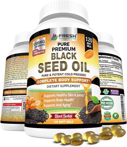[BRSWYYA3DMAR6ADP] FRESH HEALTHCARE Black Seed Oil Capsules Cold Pressed 1300mg - 100% Pure Non-GMO Nigella Sativa - Immune & Joint Support - Premium Softgel Supplement